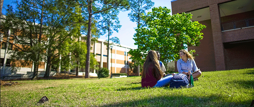 Students sitting out on lawn on campus