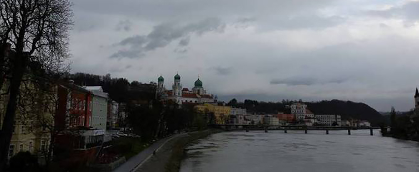 German buildings and water.