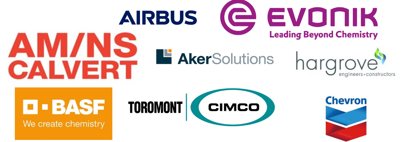 logos for gold sponsors - Airbus, Evonik, AM/NS Calvert, Aker Solutions, Hargrove Engineers and Contractors, B A S F, Toromont Cimco, Chevron