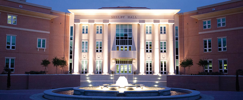 Evening shot of the front of Shelby Hall