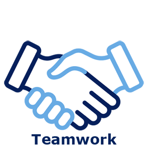 Icon of shaking hands with text Teamwork.