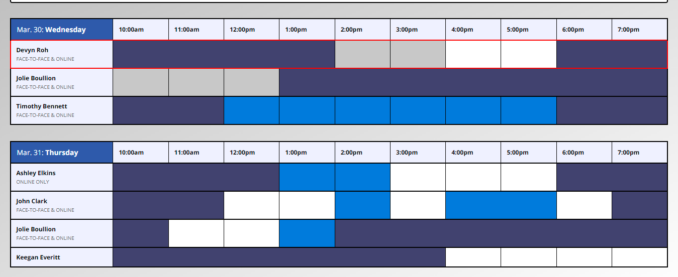 Screenshot of "CAE" tutoring appointment availability 