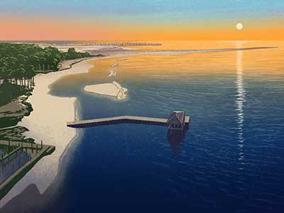 Mobile Bay with view of sunset, dock, and water.