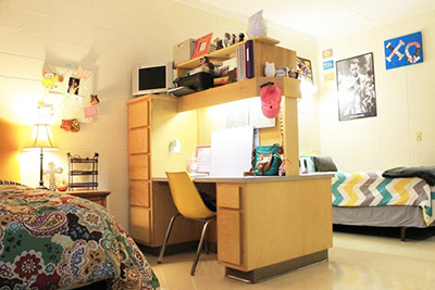 Sorority dorm room with colorful decor