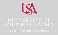 USA Red and White Logo with the words University of South Alabama and Flagship of the Gulf Coast stacked underneath letters